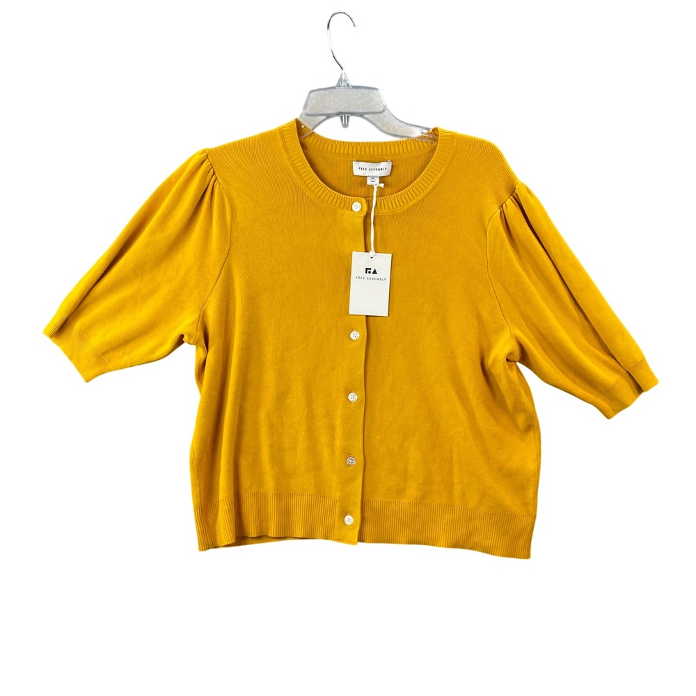 Free Assembly Cardigan Sweater Womens XL Yellow Puff Sleeve Knit Button Front